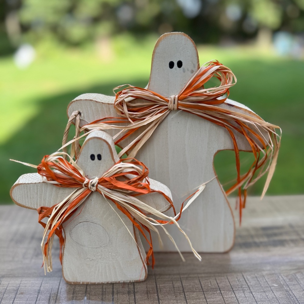 VINTAGE Halloween Decorations Wooden Ghosts Handmade Block Figures Rustic